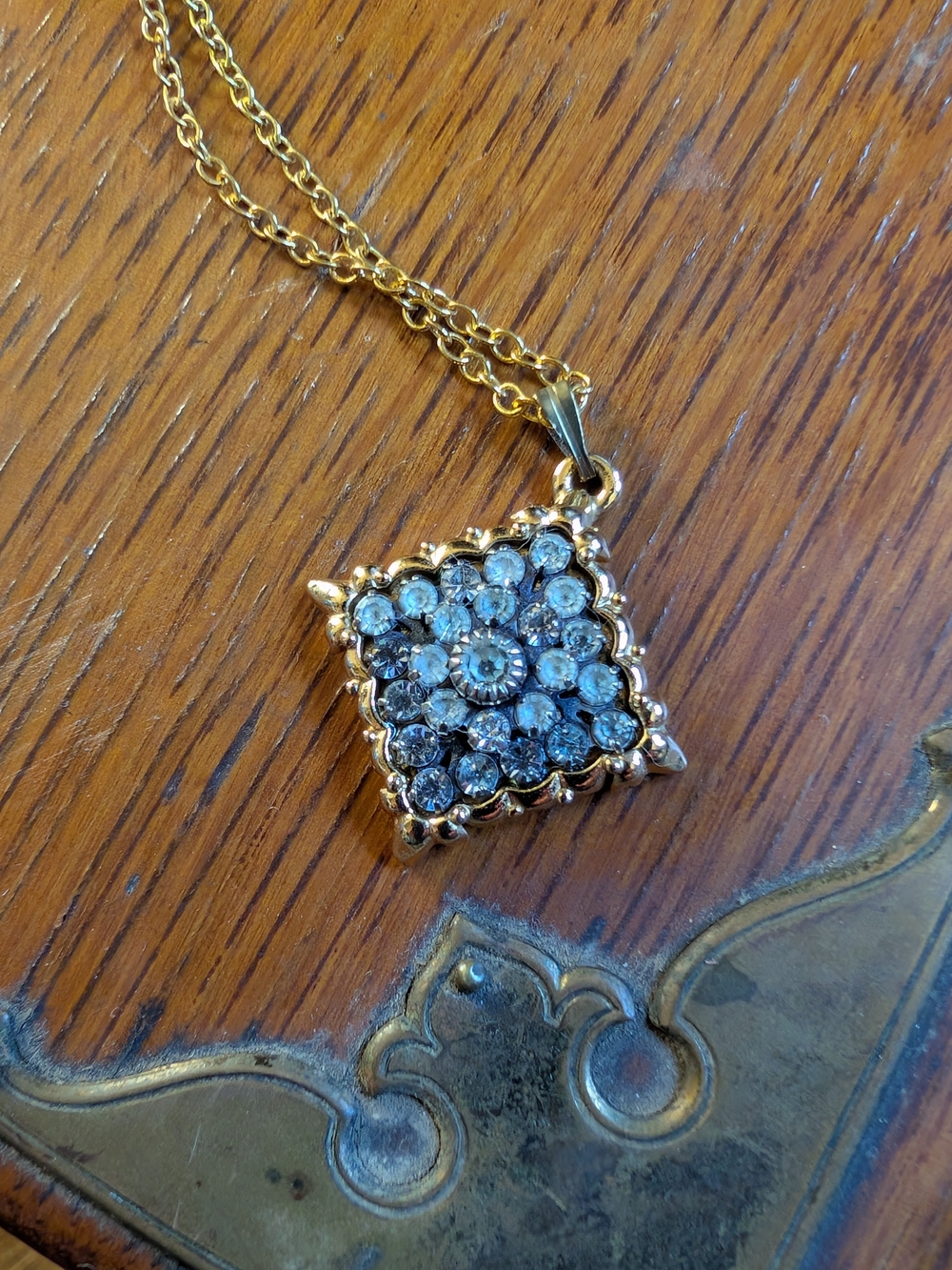 Gold-Tone Vintage Avon Crystal Cluster Pendant Necklace - Elegant Square Design